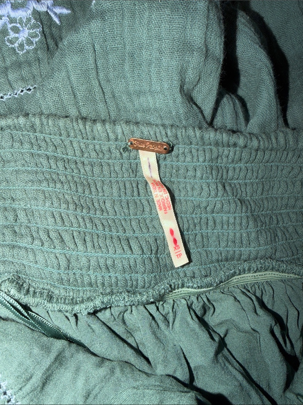 Free People Open-Back Ruffle Midi Dress in Sage Green with Blue Embroidery XS - Picture 5 of 5